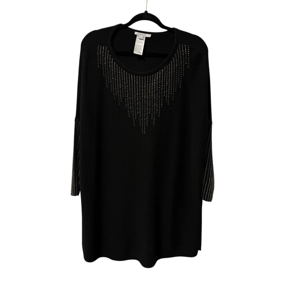 CHICO’S TUNIC SWEATER PONCHO BLACK GOLD EMBELLISHED SIZE S/M ARTSY COCKTAIL
